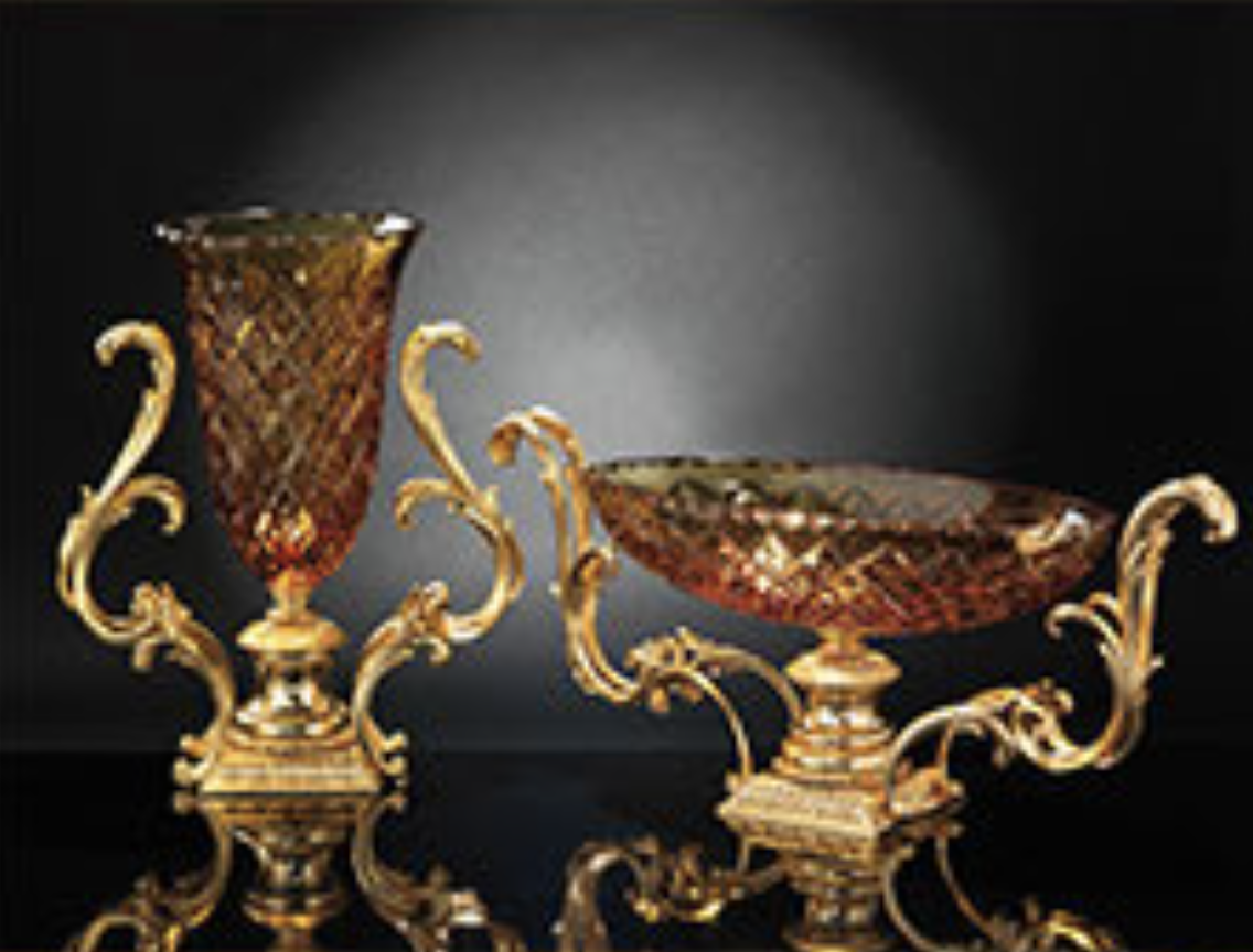 Engraved crystal bowls decorated with brass and gold leaf