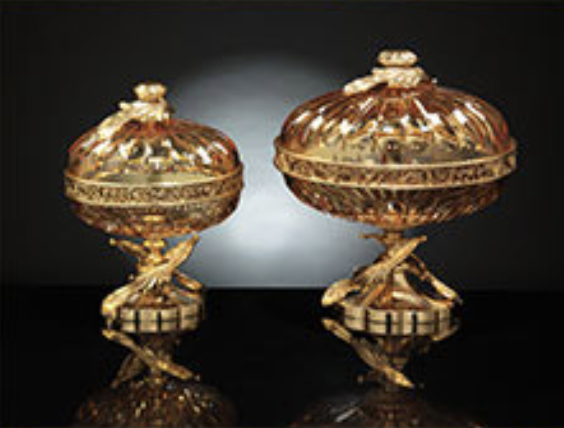 Engraved crystal vases with lids decorated with brass and gold leaf