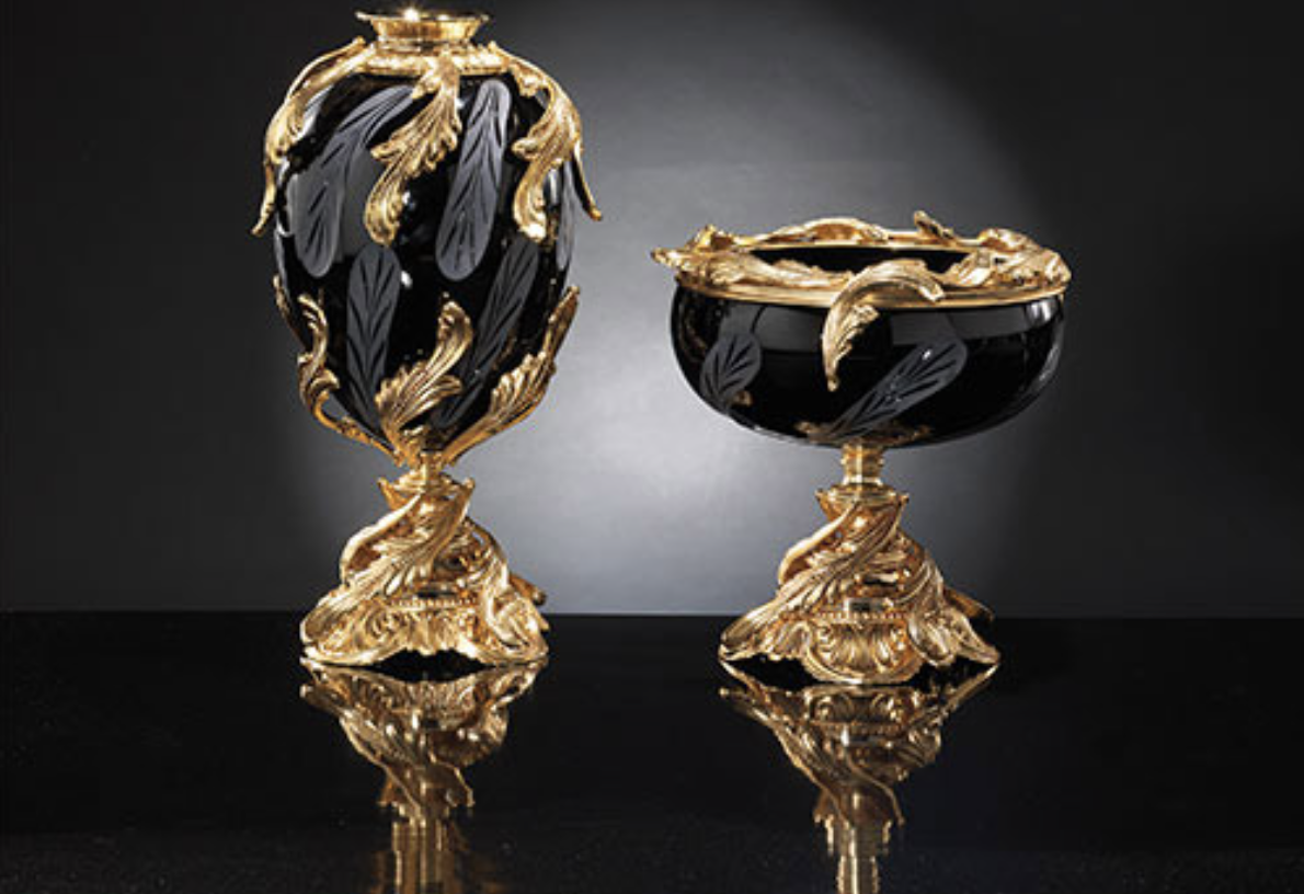 Engraved crystal vases decorated with brass and gold leaf