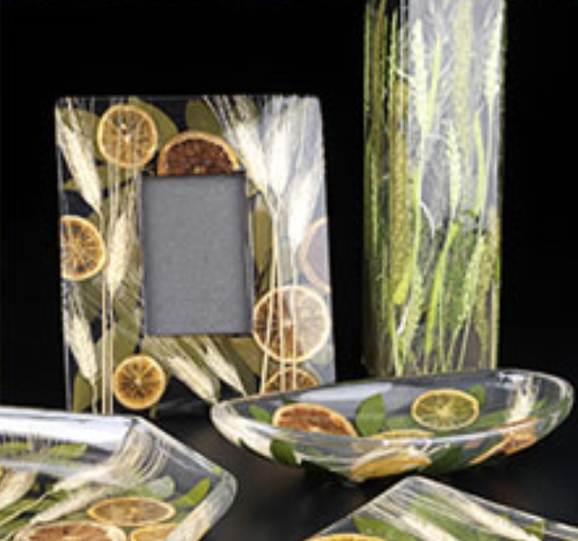 Frame, tray, and vase in resin